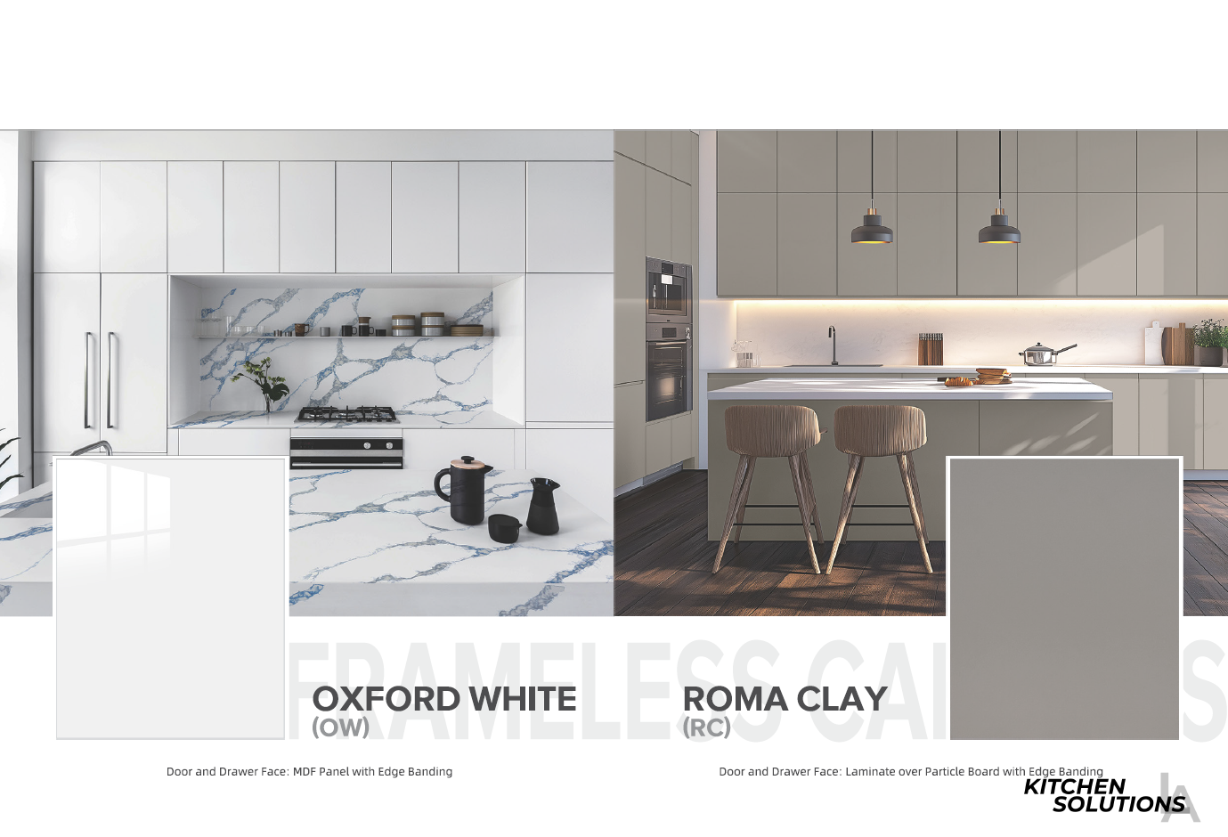 Modern kitchen design with 'Oxford White' and 'Roma Clay' color options, featuring marble countertops and wooden stools.