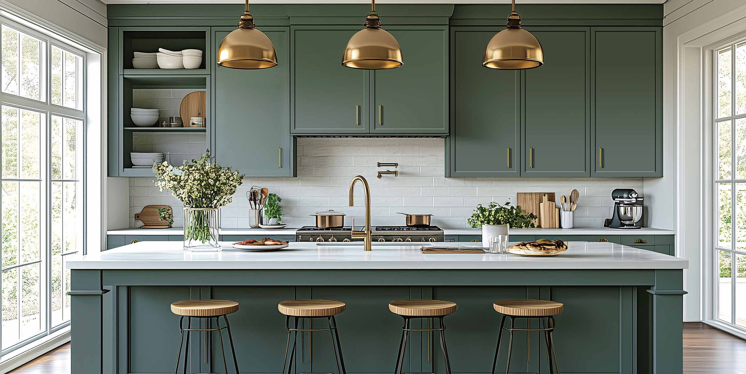 A finished kitchen in Cypress Green