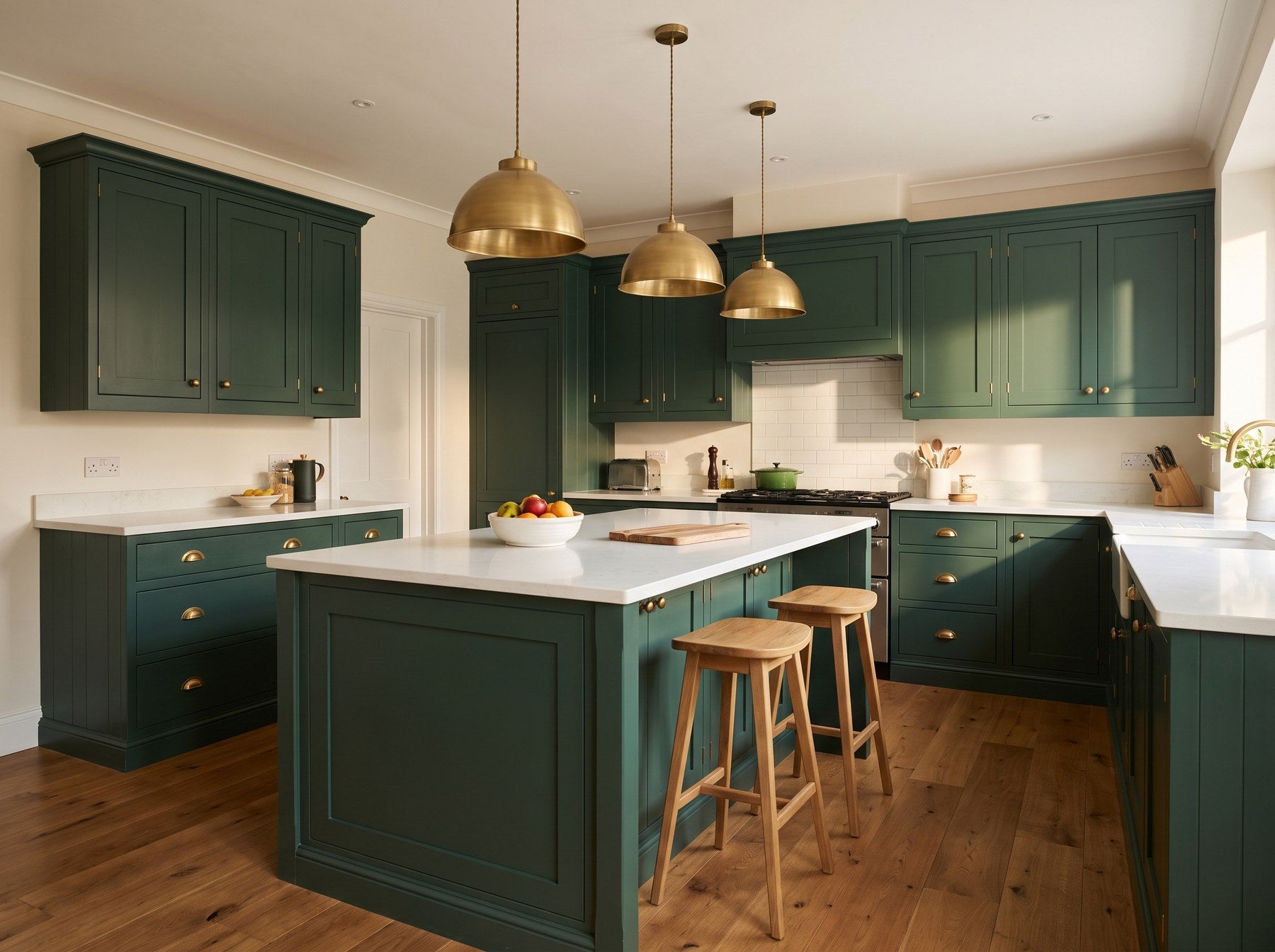 A full kitchen built with ARAE cypress green shaker cabinets